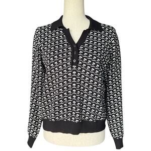 Arianna Papell Patterned Knit Top Black White Button Polo Sweater Minimalist L